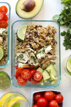 Meal-Prep Cilantro Lime Chicken with Cauliflower Rice served in a glass container