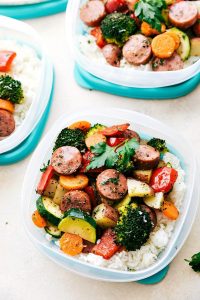 One Pan Healthy Italian Sausage & Veggies put into meal prep containers