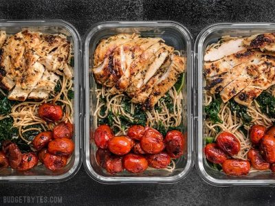 Three Garlic Parmesan Kale Pasta Meal Prep containers in a row