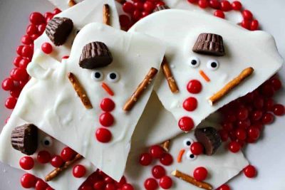 This Melted Snowman Chocolate Bark is incredibly easy to make and would be a great activity to do with kids. The bark is also a nice alternative for Christmas Cookie Swaps!