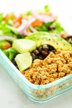 Tofu Burrito Bowl Meal Prep – Easy and FAST meal prep recipe using tofu. This is one of my favorites to pack for lunch. Cheap meal prep!