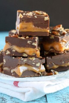 An easy chocolate fudge recipe with a caramel center and chopped pecans. Everyone will love this Turtle Fudge!