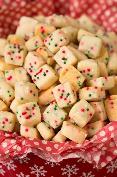 Christmas Shortbread Bites in a red tin