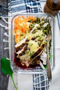 High-Protein Meal Prep Spinach Beet and Chicken Power Salads | Healthy Seasonal Recipes #mealprep #glutenfree #highprotein #lowcarb #paleo #whole30 