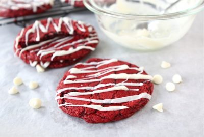 Red Velvet Cookie Recipe with bowl of frosting