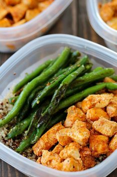 Be prepared to eat healthy for the week by making your meals in advance! These Meal Prep Baked Lime Chicken Bowls are not just healthy but also delicious! Chicken breasts are cubed and marinated in a chili-lime marinade and then baked and paired with quinoa and green beans for make-ahead healthy meals!