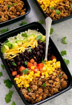 close-up photo of turkey taco bowl with a fork