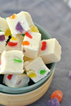 Soft vanilla fudge packed with chewy gumdrops #christmascandy